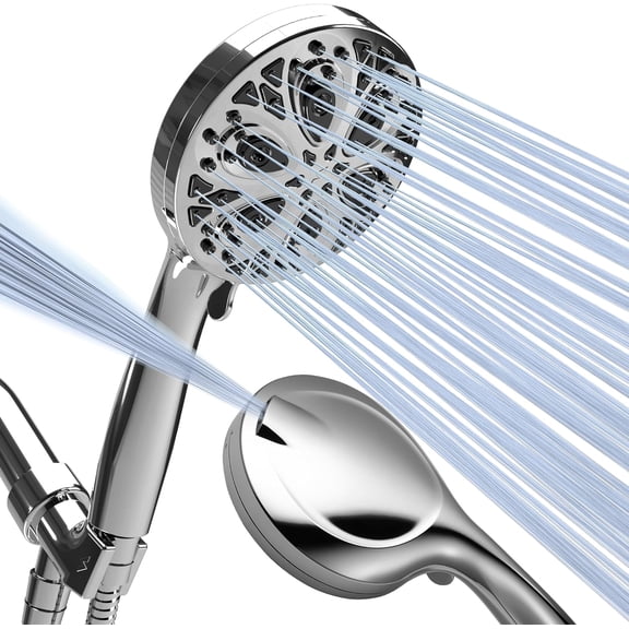 10-Mode Handheld Shower Head with Hose - 5" High Pressure Shower Head with Handheld Touch-to-Clean Nozzles, Built-In Power Jet, Stainless Steel 6ft Hose & Bracket (Polished Chrome)