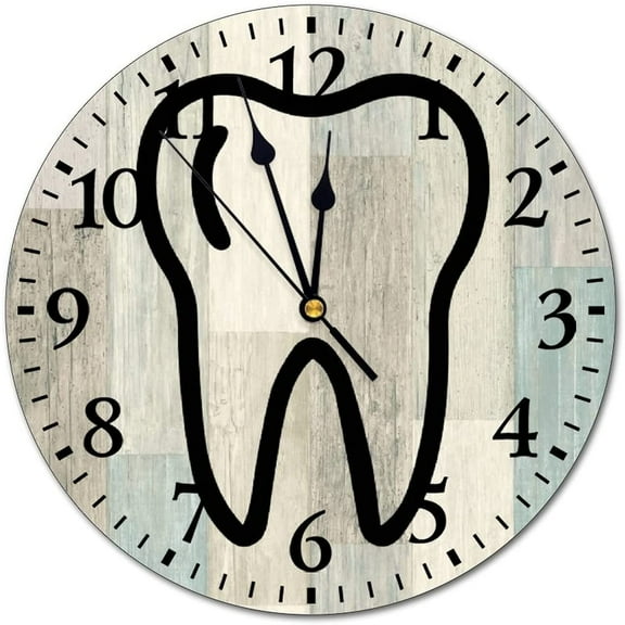 10" Modern Wall Clock - Silent Non-Ticking Battery Operated Clocks - Tooth Dentist Dental Assistant - Wood Wall Decor Hang - for Bedroom/Living Room