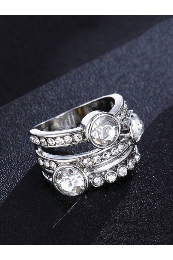 10 - Multi-Layer Silvertone Statement Ring With Clear Rhinestones For Women Party Wedding Accessories