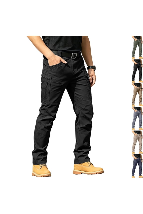 10 Multi-Pocket Water Resistant Tactical Hiking Pants for Men Elastic Waist Rip Resistant Stretch Combat Work Cargo Trousers (Belt Not Included),S,Black