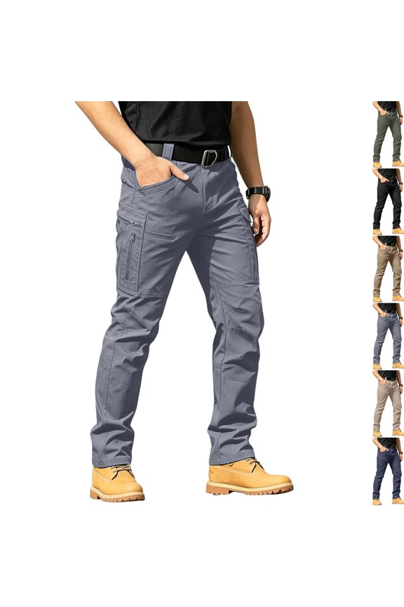 10 Multi-Pocket Water Resistant Tactical Hiking Pants for Men Elastic Waist Rip Resistant Stretch Combat Work Cargo Trousers (Belt Not Included),S,Gray