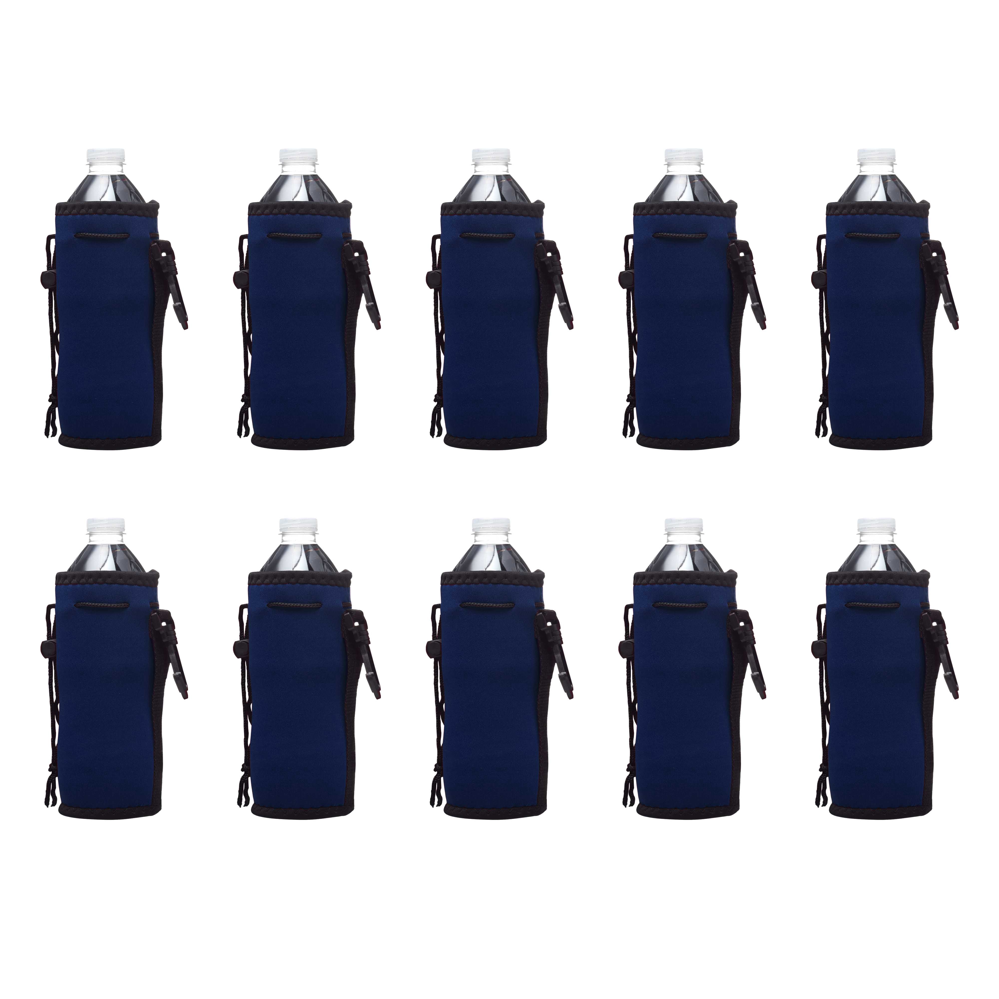10 Neoprene Water Bottle Drawstring Insulators Pack - 12 oz. Longneck, Hook - Navy Blue