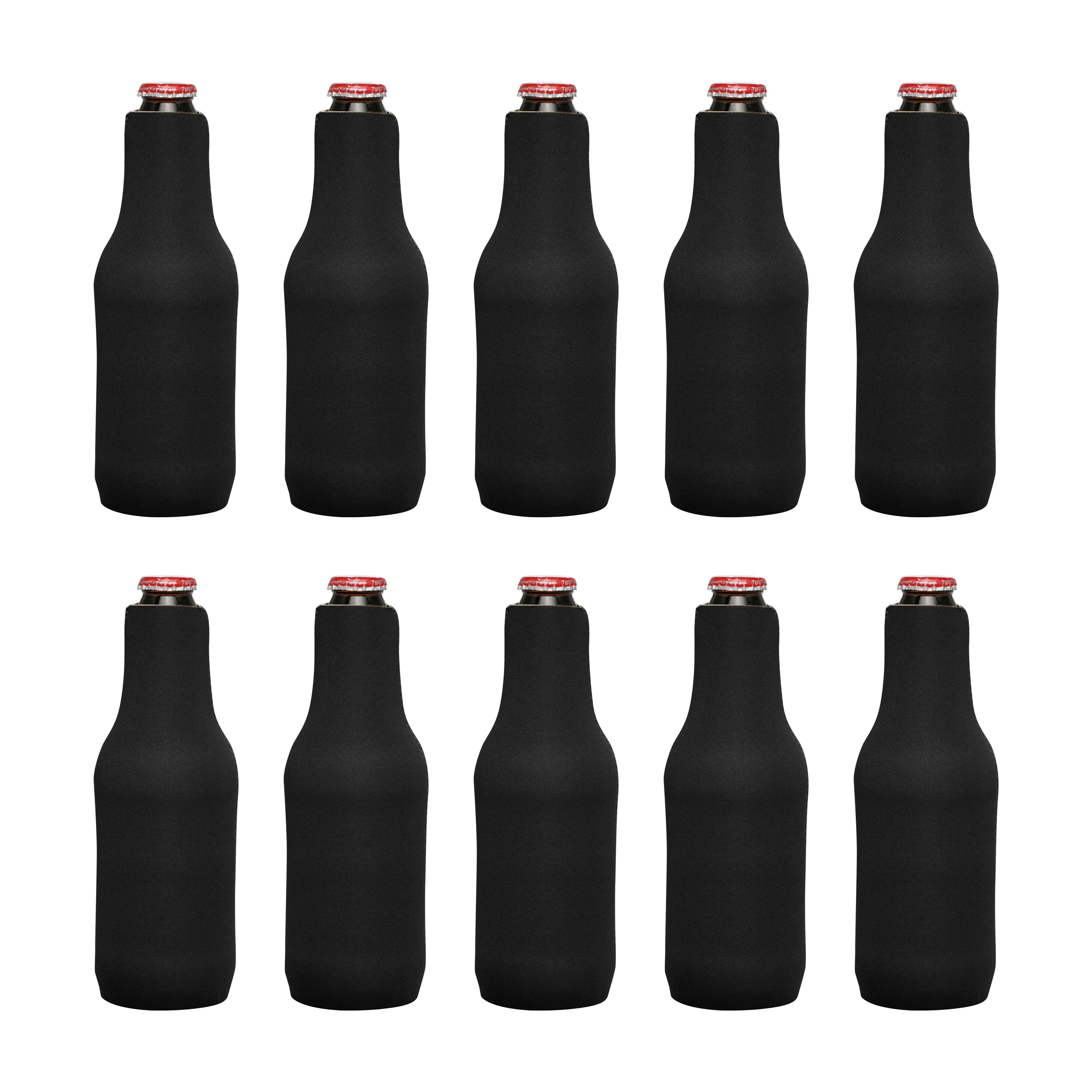 10 Neoprene Zippered Beer Bottle Coolies Pack - Sharkskin Rubber Bottom - Black