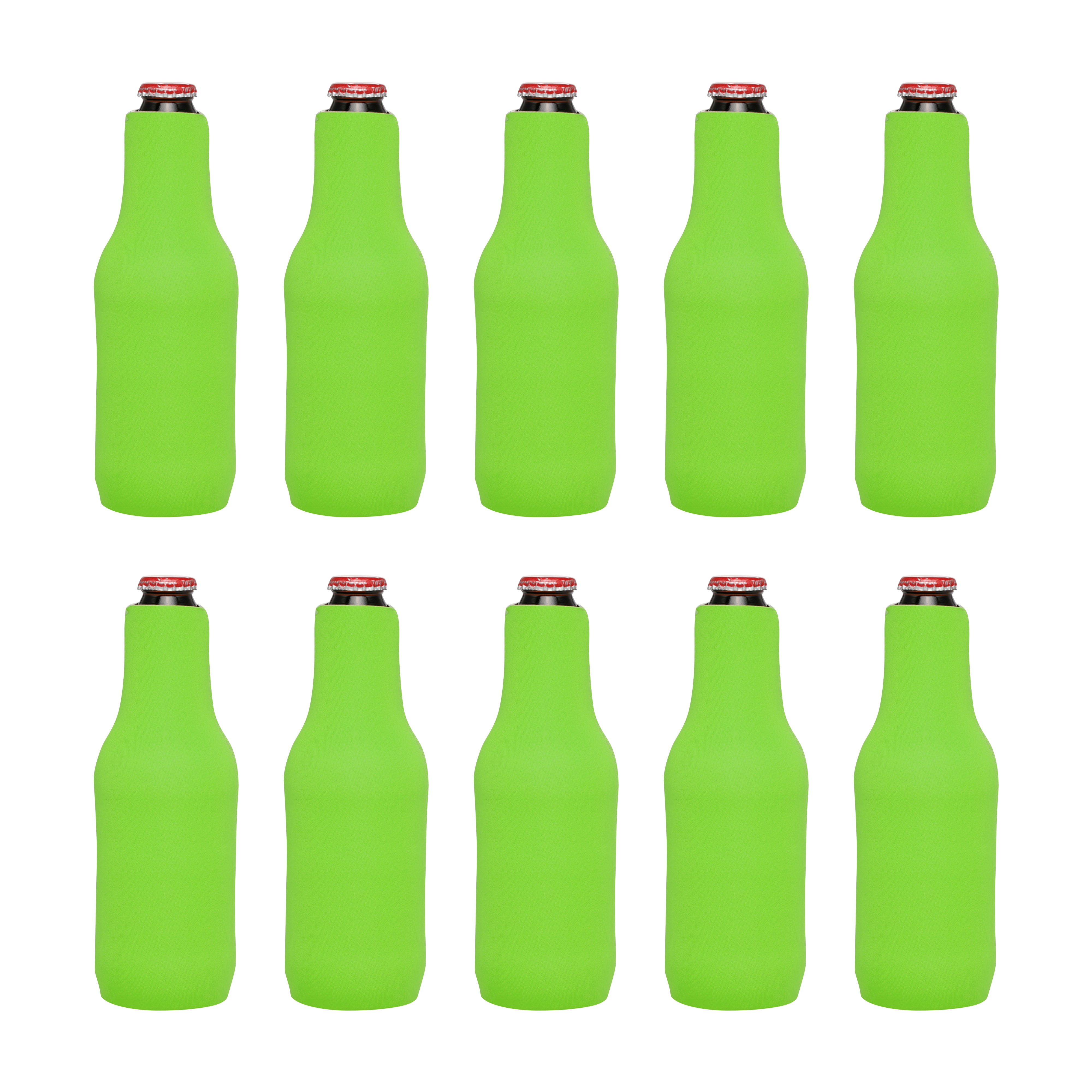 10 Neoprene Zippered Beer Bottle Coolies Pack - Sharkskin Rubber Bottom - Lime Green