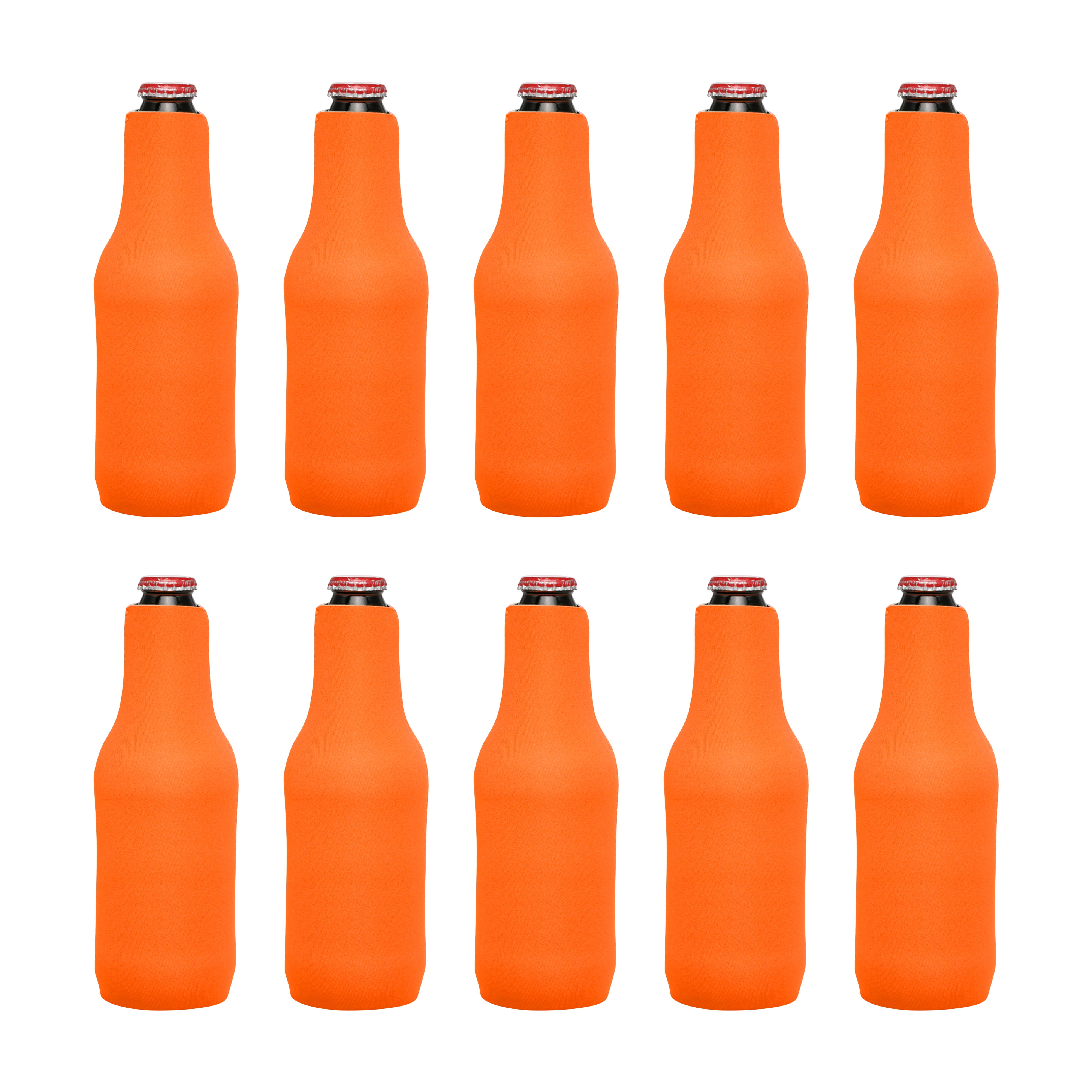10 Neoprene Zippered Beer Bottle Coolies Pack - Sharkskin Rubber Bottom - Neon Orange