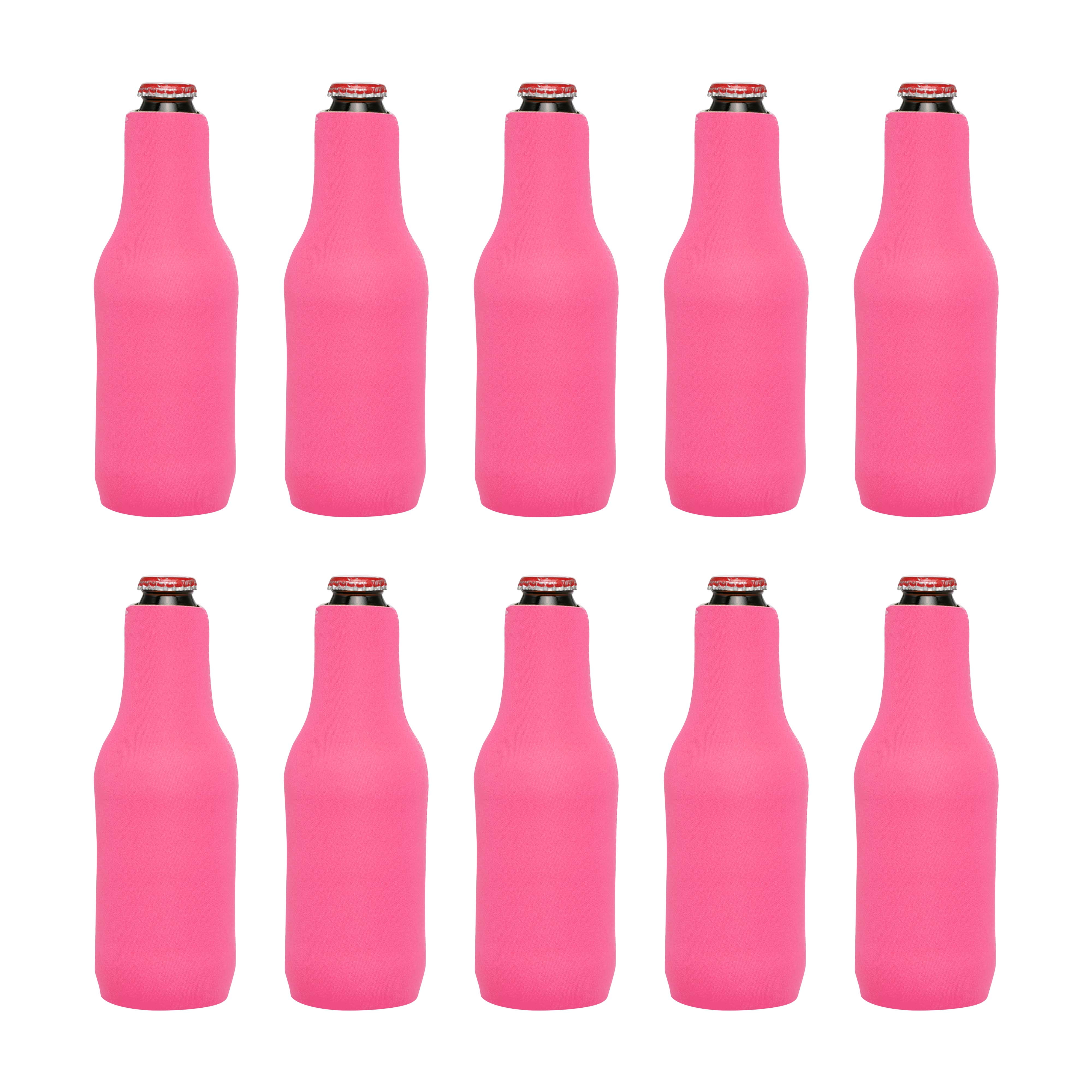 10 Neoprene Zippered Beer Bottle Coolies Pack - Sharkskin Rubber Bottom - Neon Pink