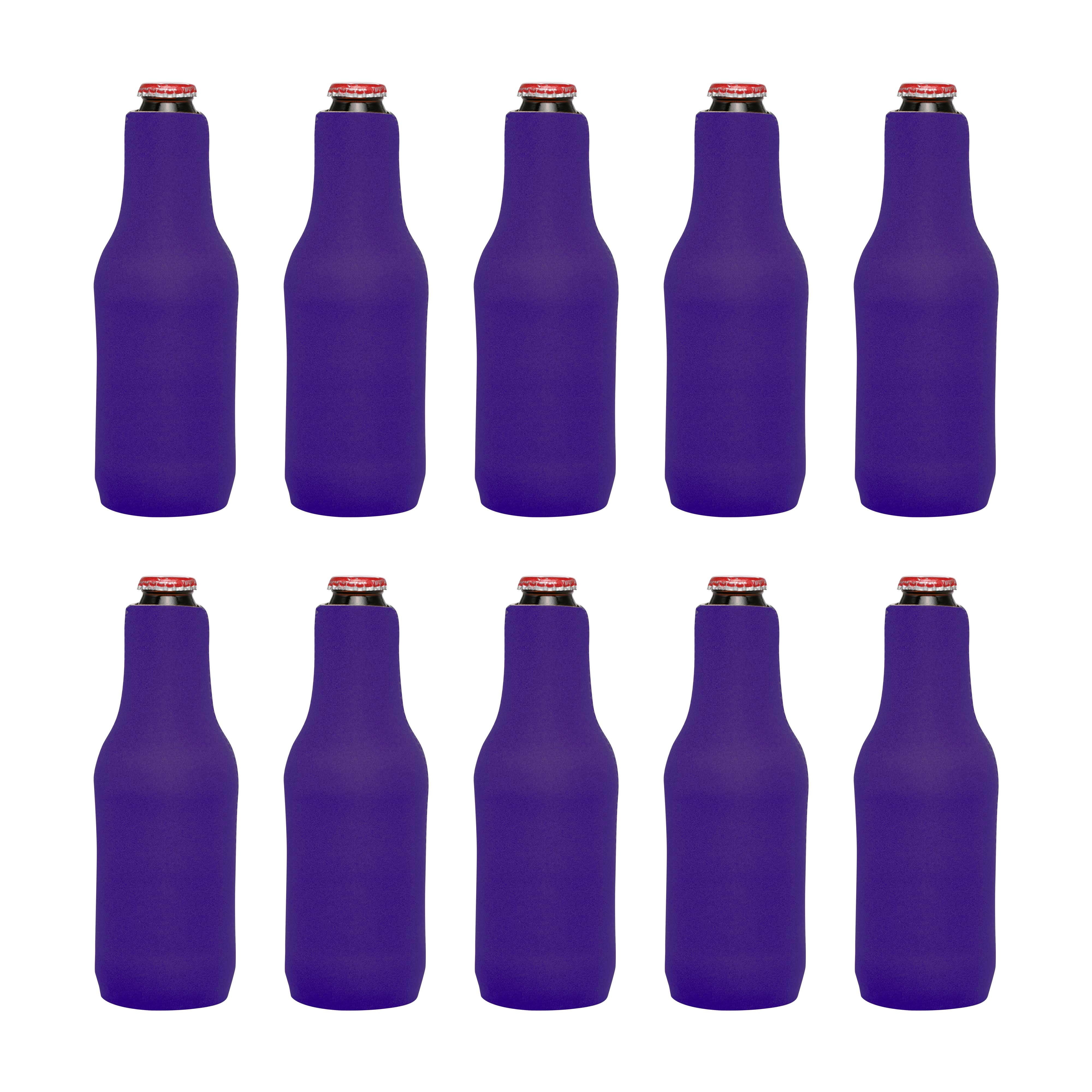 10 Neoprene Zippered Beer Bottle Coolies Pack - Sharkskin Rubber Bottom - Purple