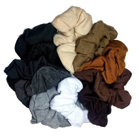 10 Neutral Brown, Black, Gray Assorted Cotton Scrunchies, soft and stretchy