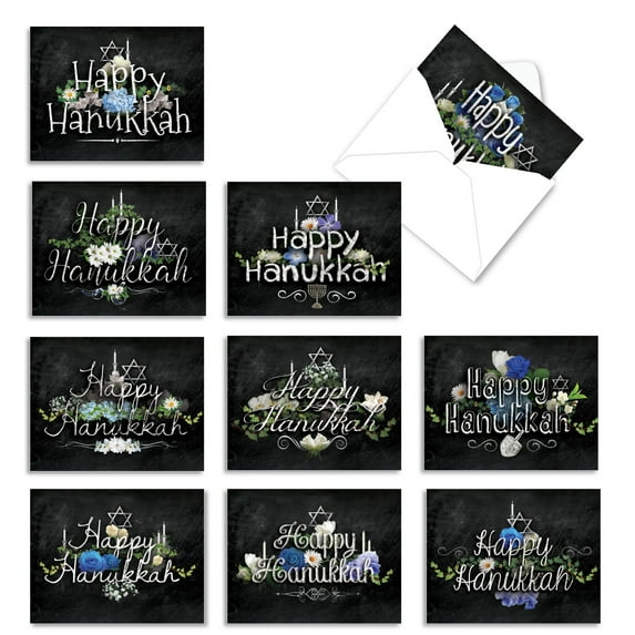 10 New Year Cards Pack - Hanukkah Chalk And Roses