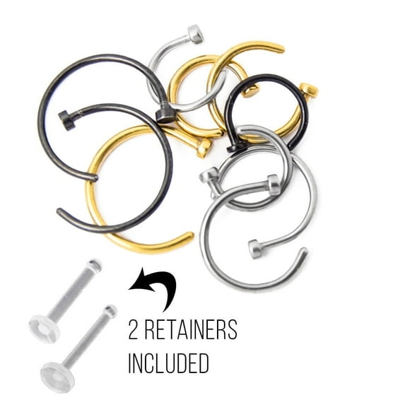 10 Nose Ring Hoops 18G 20G Mixed Lengths & 2 Piercing Retainers - 12-Pieces
