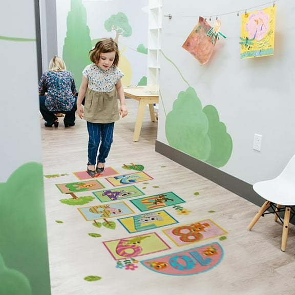 10 Number DIY Hopscotch Game Wall Sticker Animal Cartoon Decal Primary Color Dots Wall Decals Set Colorful Rainbow Floor Decals for Baby Kids Room Nursery Classroom