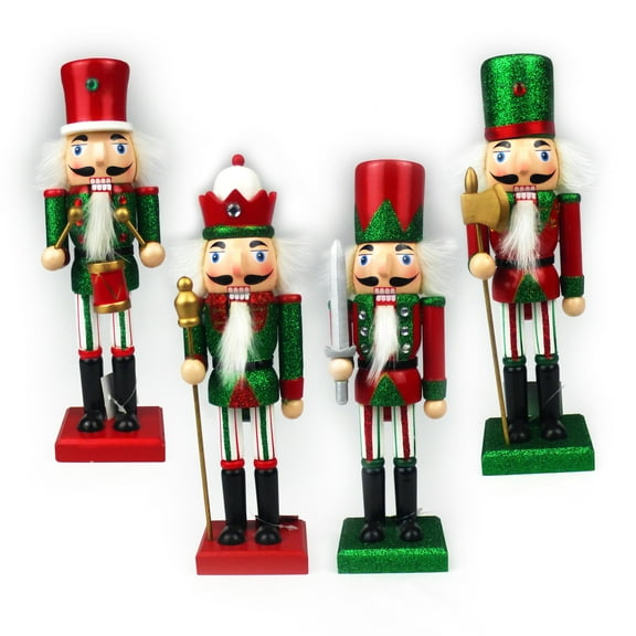 10" Nutcracker Christmas Decoration (Set of 4) - Traditional Wooden Red & Green King, Soldier, & Drummer Styles. For Friends, Family, and Coworkers.