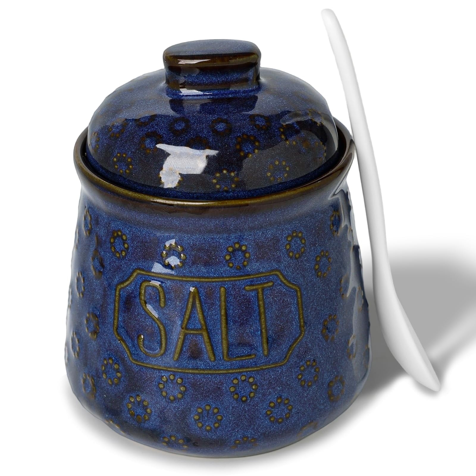 10 OZ Salt Bowl with Lid and Spoon, Ceramic Spices Cellar for Kitchen Counter top, Farmhouse Kitchen Decor,Vintage Blue