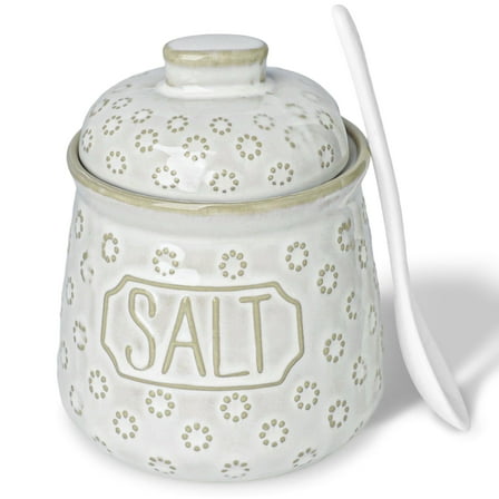 10 OZ Salt Bowl with Lid and Spoon, Ceramic Spices Cellar for Kitchen Counter top, Farmhouse Kitchen Decor,Vintage White