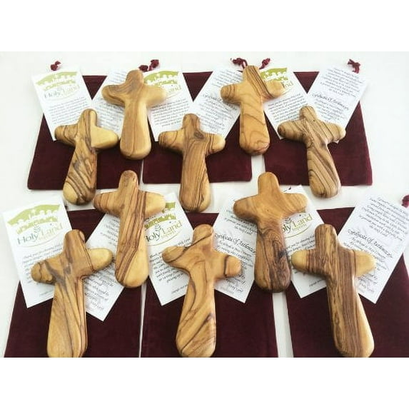 10 Olive Wood Holding Crosses comes with Velvet Bag & Certificate