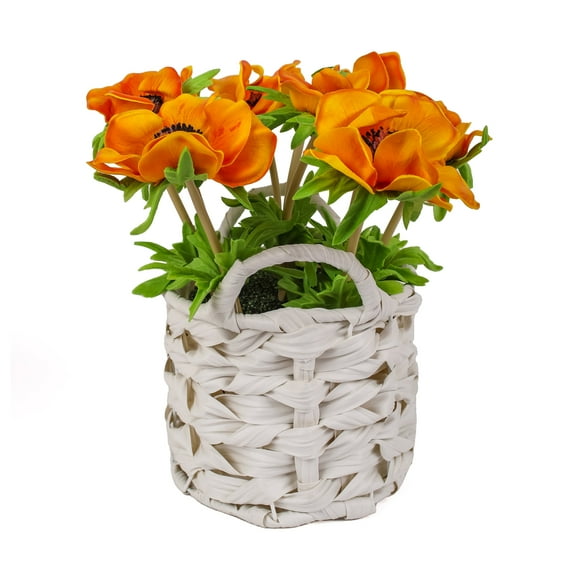 10 in. Orange Anemone Flower Bouquet in White Basket