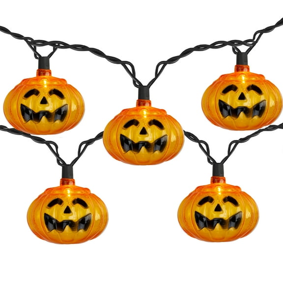 10 Orange Jack-o"-Lantern Mini Halloween Lights - 6 ft Black Wire