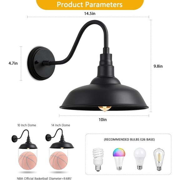 10" Outdoor Barn Gooseneck Light, Classic Farmhouse Style Black Outdoor Light Fixture, Industrial Wall-Mounted Barn Light for Garage, Porch, and , 2-Pack