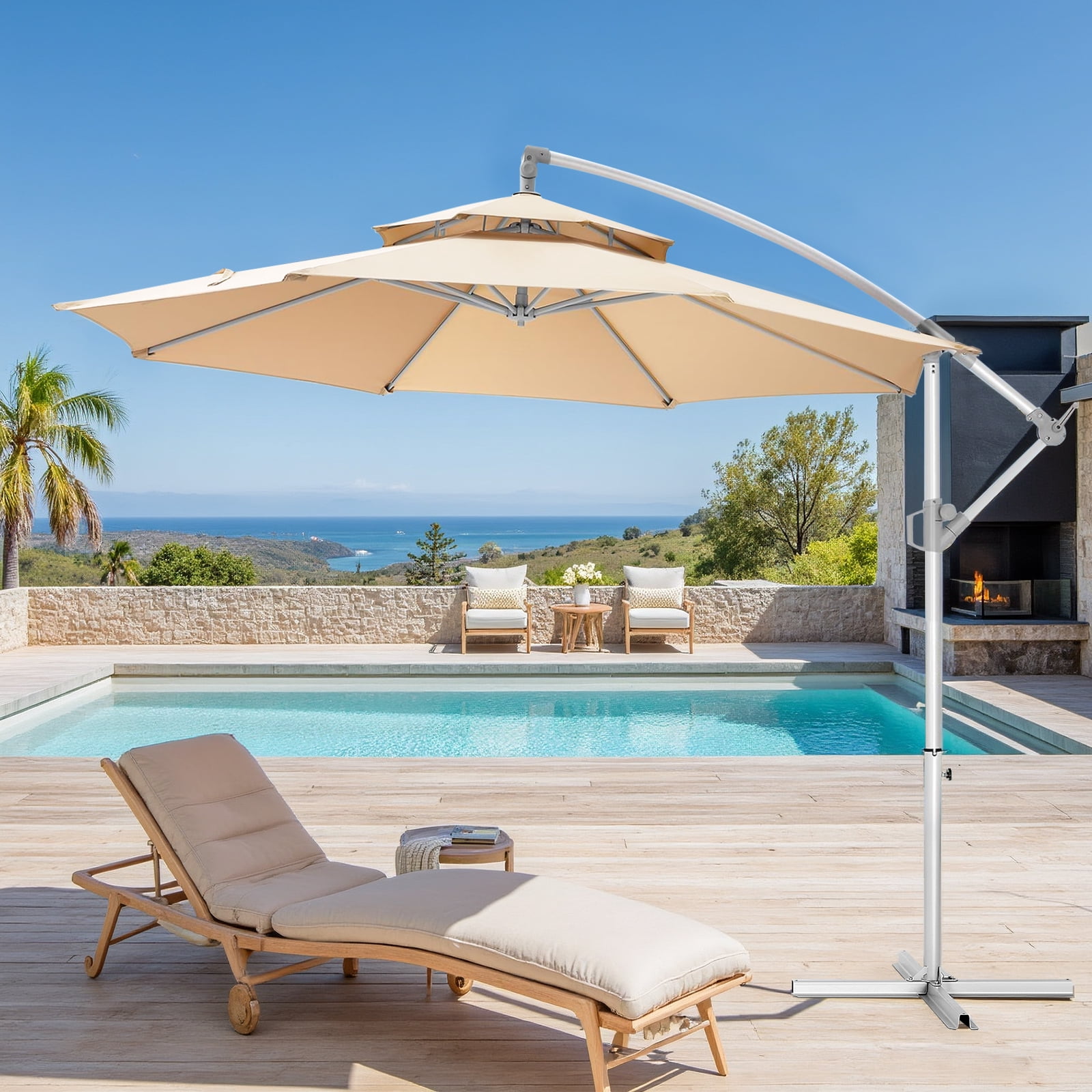 10' Outdoor Patio Umbrella, 2 Tiers Offset Hanging Umbrella, UPF50+ Large Umbrella for Patio, Yard, Pool Side, 8 Sturdy Ribs, Push Button Tilt and Crank, Beige