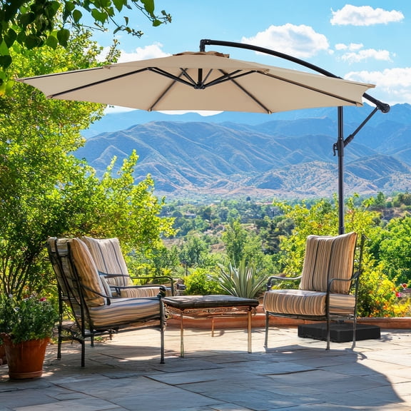 10' Outdoor Patio Umbrella, Offset Hanging Umbrella, UPF50+ Large Umbrella for Patio, Yard, Pool Side, 8 Sturdy Ribs, Push Button Tilt and Crank, Beige