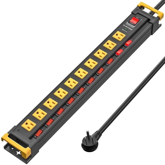 10 Outlet Heavy Duty Power Strip Individual Switches, Metal Surge Protector withFlat Plug 3300J Overload Protection, 6FT Cord Management, Wall Mount