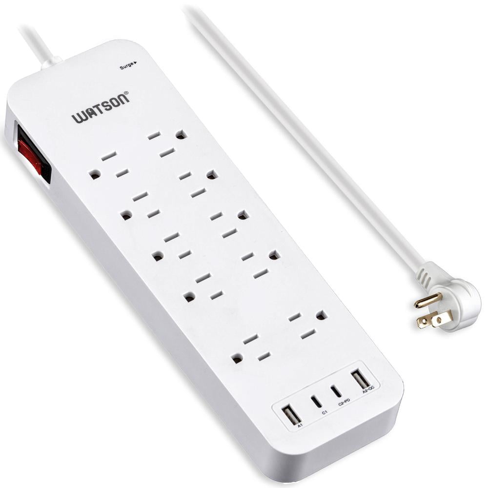 10-Outlet Surge Protector with 2 USB-C & 2 USB-A Ports, 2450 Joules, 6' Cord, LED Indicator – Power Strip for Home and Office Use by Watson(White)