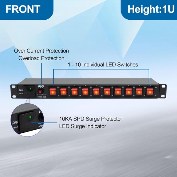 10 Outlets 1U Horizontal PDU Network Rackmount Power Strip with Surge Protector