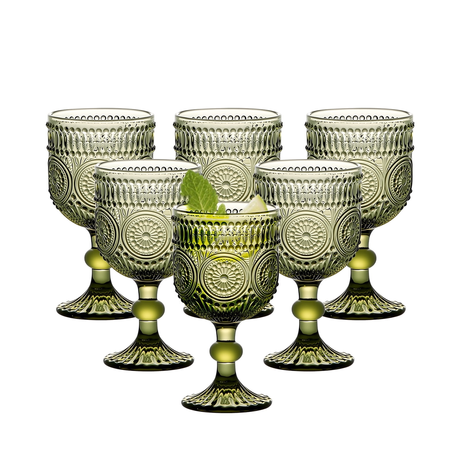 10 Oz Glass Wine Glasses, Set of 6 Stemmed Small Wine Glasses, 300ml Vintage Sunflower Cups, Green