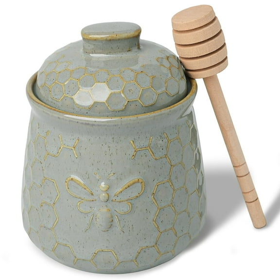 10 Oz Honey Jar with Dipper and Lid, Ceramic Honey Pot With Bee, Vintage Kitchen Decor (Vintage Grey)