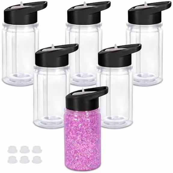 10 Oz Plastic Kids Snowglobe Tumbler with Pre-Drilled Hole and Plug, 6 Pack Double Wall Acrylic Snowglobe Cup for Glitter, Black