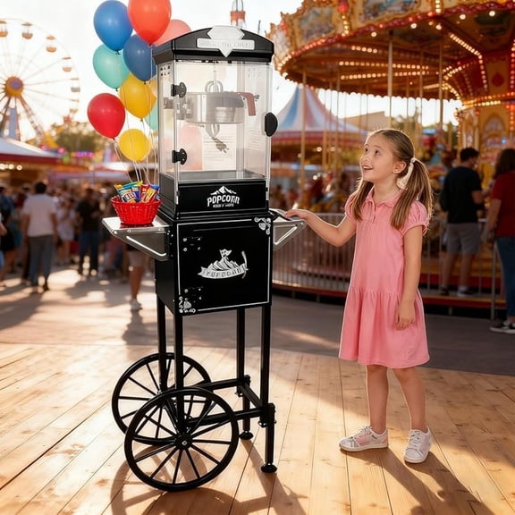 10 Oz Popcorn Machine with Cart, Popcorn Popper Makes Up to 40 Cups, Movie Theater Style Pop corn Machine with 304 Stainless-Steel Movie Night Supplies for Home