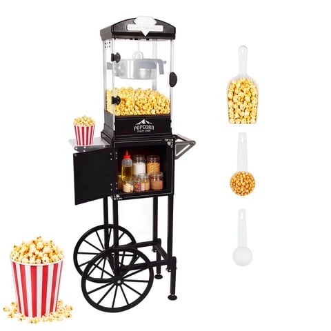10oz Popcorn Machine Cart with Wheel, Holaki Popcorn Maker Machine with Stainless-Steel Kettle Makes up to 40 Cups, Popcorn Machine for Commercial Home Movie Theater, Black