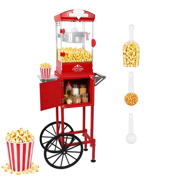 10oz Popcorn Machine Cart with Wheel, Holaki Popcorn Maker Machine with Stainless-Steel Kettle Makes up to 40 Cups, Popcorn Machine for Commercial Home Movie Theater, Red