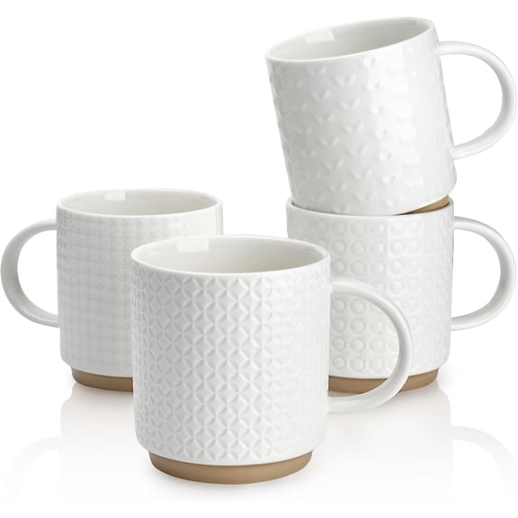 10 Oz Porcelain Coffee Mug Set of 4, White Embossed Design for Cappuccino Latte