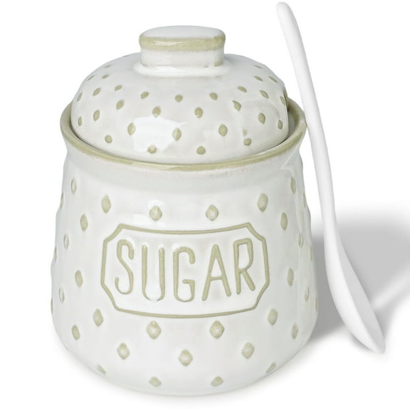 10 Oz Sugar Bowl with Lid and Spoon, 10 OZ Ceramic Sugar Container for Kitchen Accessories, Sugar Storage Containers, Vintage Decor (Vintage White)