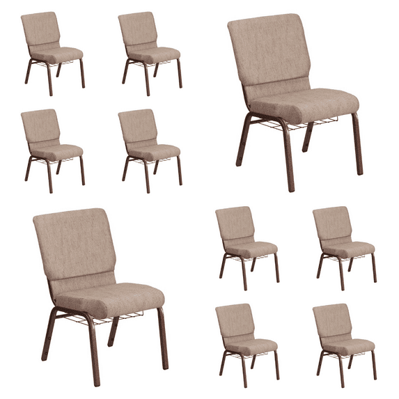 (10 PACK) 18.5'' Wide Beige Fabric Church Chair with Book Rack and Copper Vein Frame - Multipurpose Stackable Office Side Chair