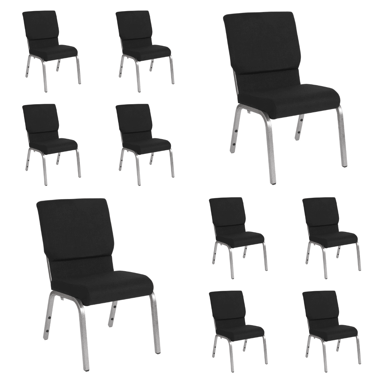 (10 PACK) 18.5'' Wide Black Fabric Church Chair with Book Pouch and