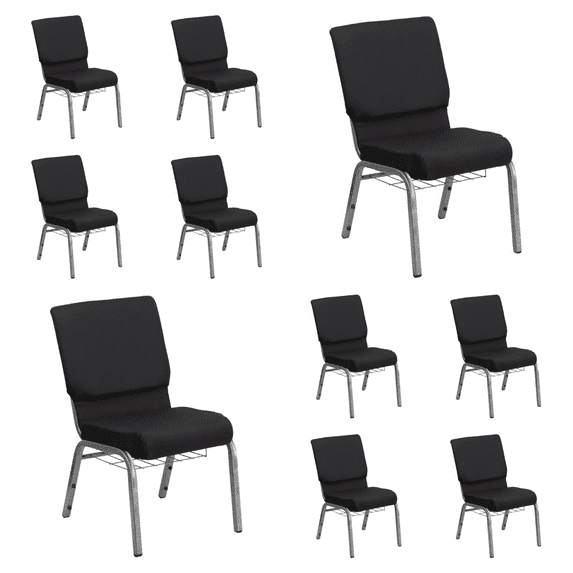 (10 PACK) 18.5'' Wide Black Patterned Fabric Church Chair with Book Rack and Silver Vein Frame - Multipurpose Stackable Office Side Chair