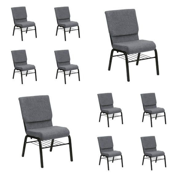 (10 PACK) 18.5'' Wide Light Gray Fabric Church Chair with Book Rack and Gold Vein Frame - Multipurpose Stackable Office Side Chair