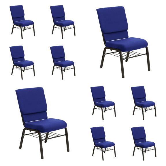 (10 PACK) 18.5'' Wide Navy Blue Fabric Church Chair with Book Rack and Gold Vein Frame - Multipurpose Stackable Office Side Chair