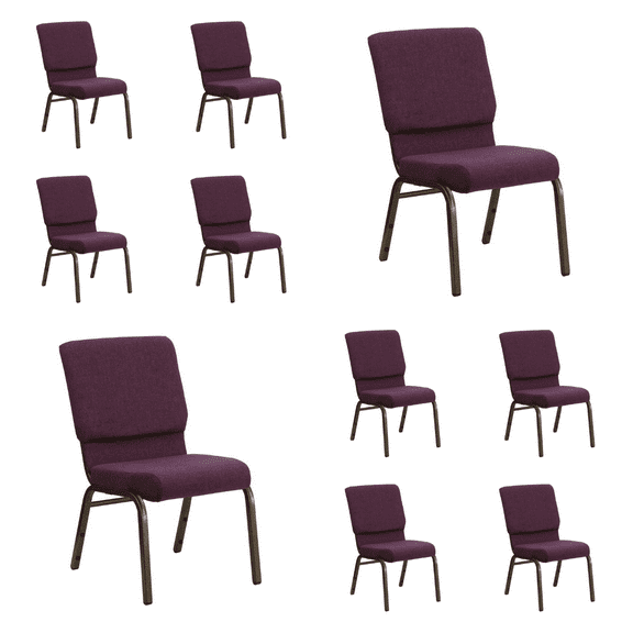 (10 PACK) 18.5'' Wide Plum Fabric Church Chair with Book Pouch and Gold Vein Frame - Multipurpose Stackable Office Side Chair