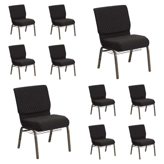 (10 PACK) 21'' Wide Black Dot Patterned Fabric Church Chair with Book Rack and Gold Vein Frame - Multipurpose Stackable Office Side Chair
