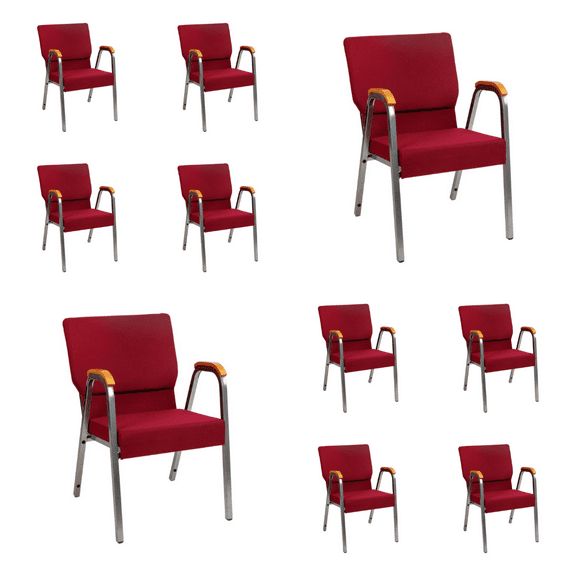 (10 PACK) 21'' Wide Burgundy Fabric Church Armchair with Book Pouch and Silver Vein Frame - Multipurpose Stackable Office Side Armchair