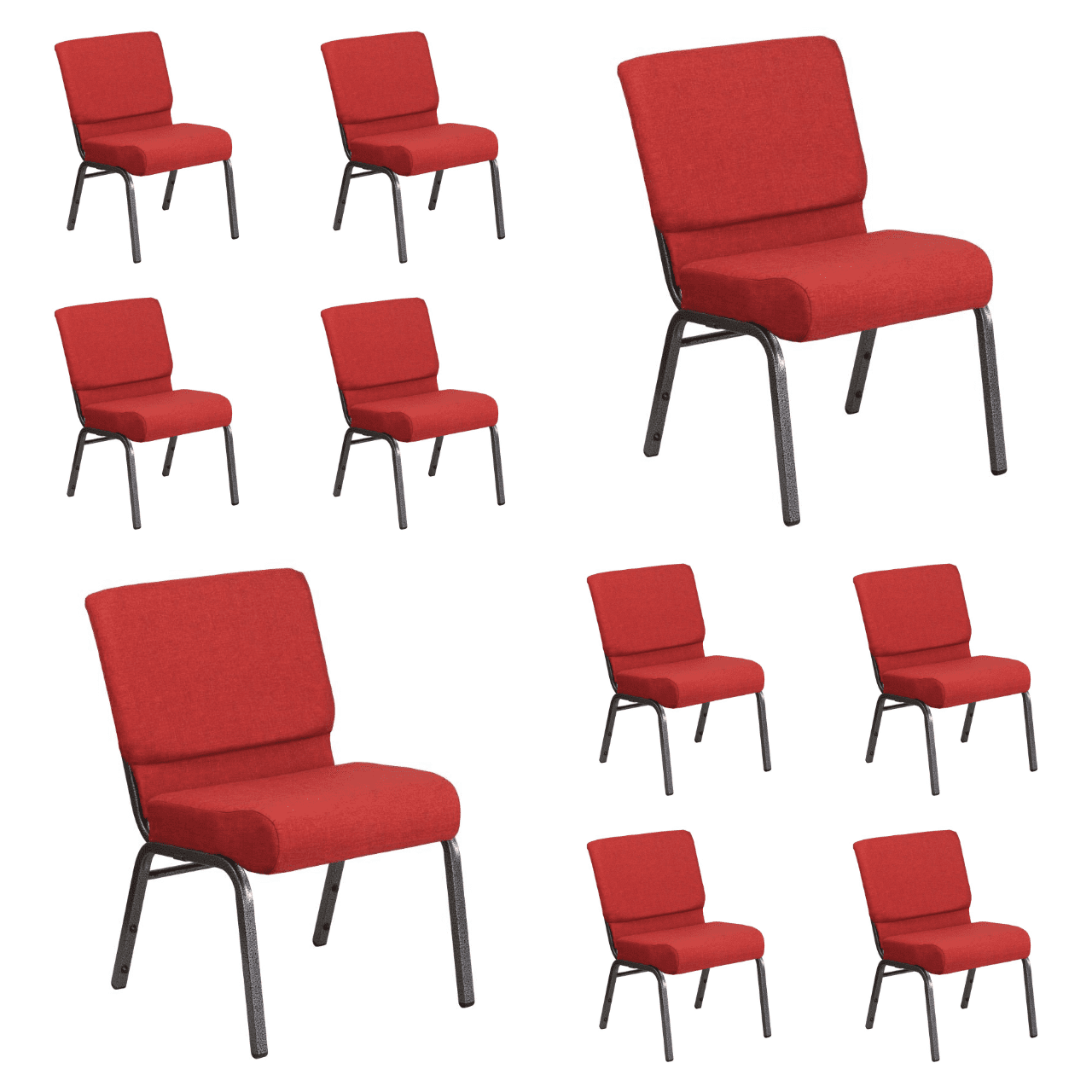 (10 PACK) 21'' Wide Red Fabric Church Chair with Book Rack and Silver ...