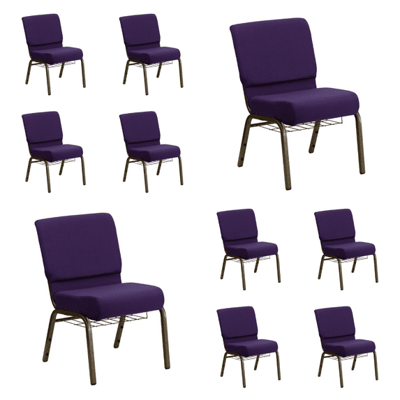 (10 PACK) 21'' Wide Royal Purple Fabric Church Chair with Book Rack and Gold Vein Frame - Multipurpose Stackable Office Side Chair
