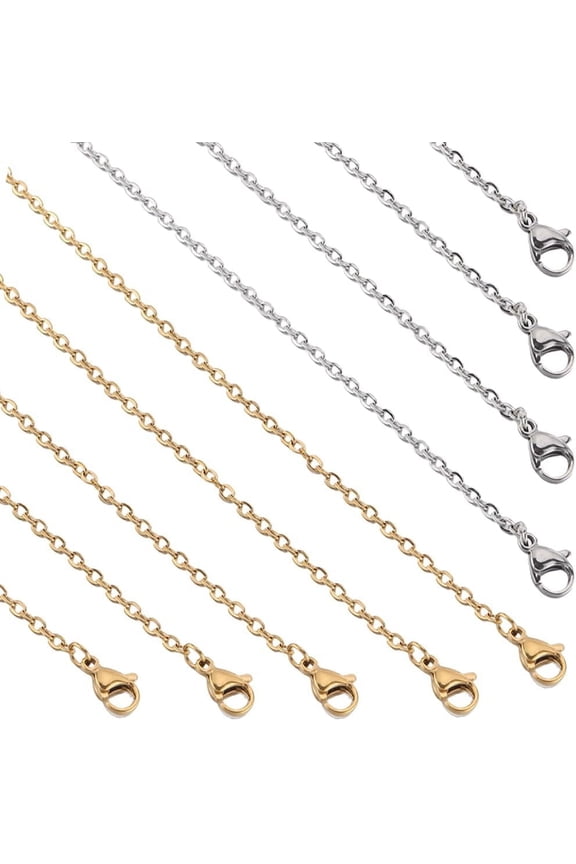 10 PACK 24 Inch/ 0.6m 2mm Stainless Steel Necklace Chains Bulk Necklace Making Chains Gold Silver Metal Lobster Claw Clasps Cable Chains Necklaces for DIY Jewelry Making Supplies Women Adult Diy