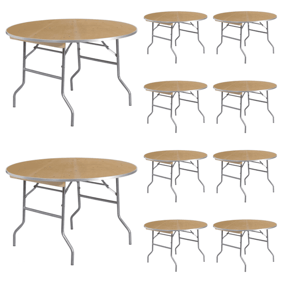 (10 PACK) 48" Round Birchwood Folding Banquet Table with Aluminum Edge Band - Commercial Quality Banquet Table / 4-Foot Round Birchwood Folding Banquet Table