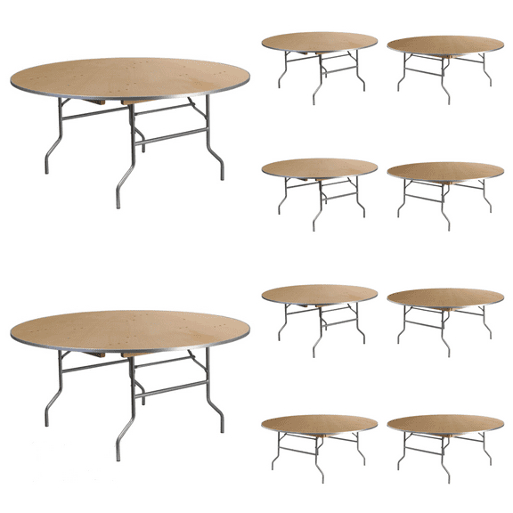 (10 PACK) 72'' Round Birchwood Folding Banquet Table with Metal Edges - Commercial Quality Banquet Folding Table