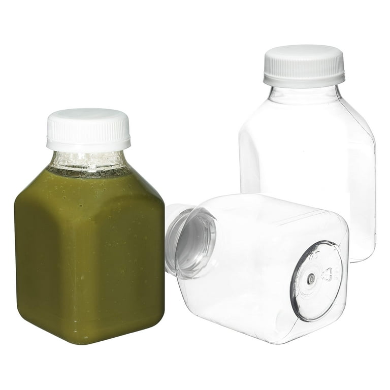 6) 8 oz. Clear Food Grade Square Plastic Juice Bottles with 6