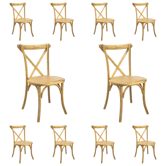 10 PACK Bistro Style Cross Back Hand Scraped Natural Wood Stackable Dining Chair - X Back Banquet Dining Chair